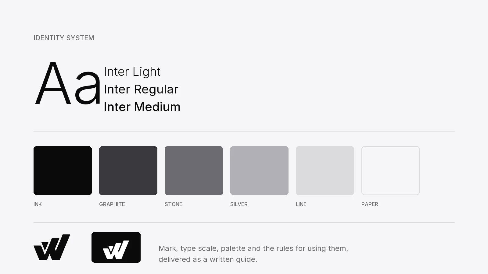 An identity sheet: type scale in three weights, a six-step greyscale palette, the mark in positive and negative