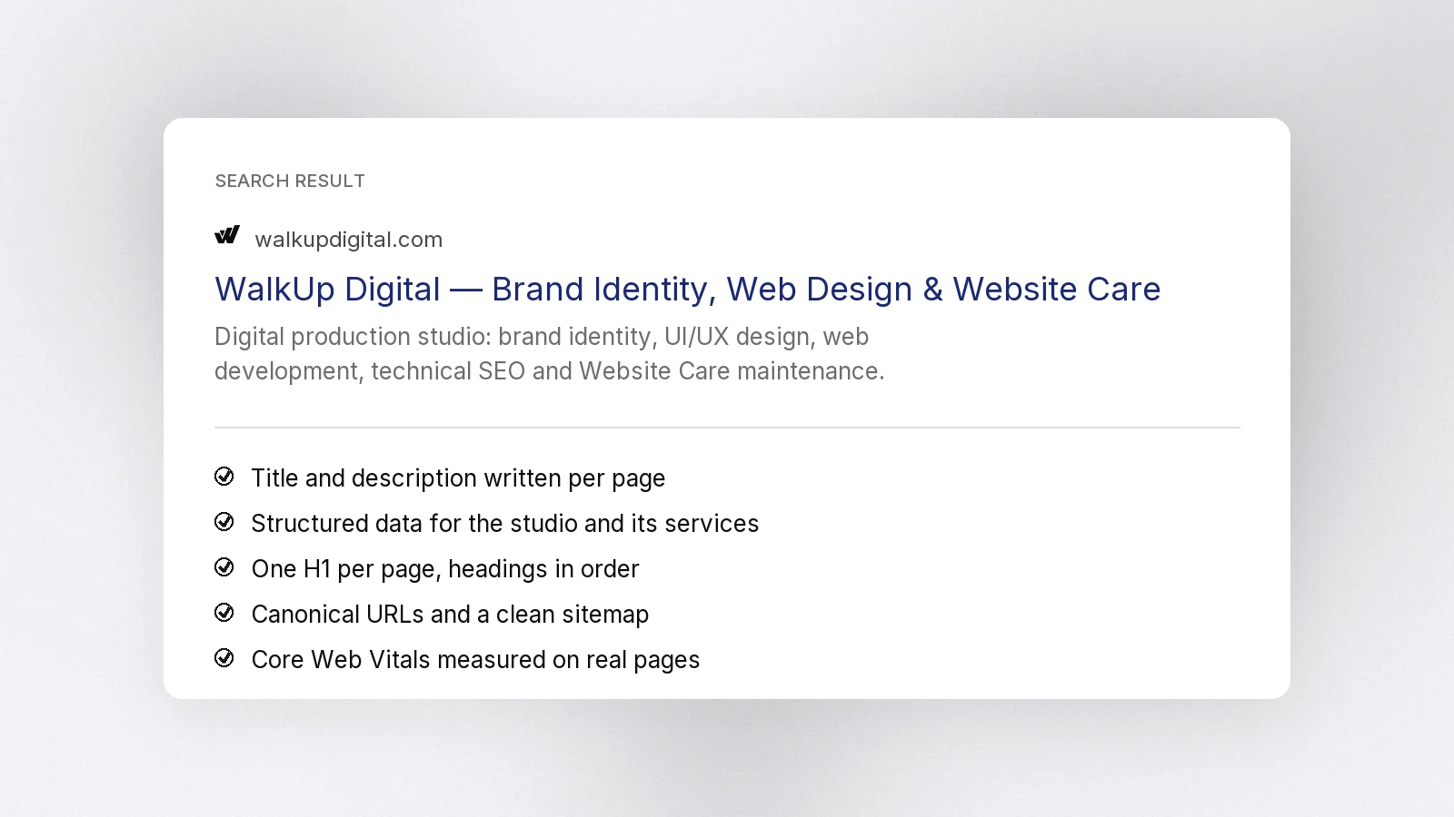 A search result for walkupdigital.com beside a checklist of the technical items covered by an SEO setup